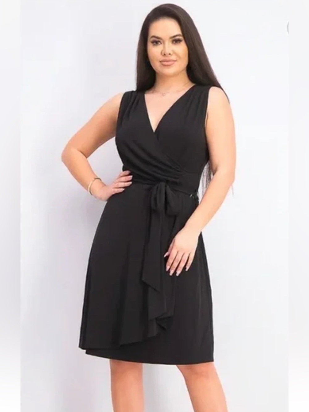 42Hawthorn Women Faux Wrap Dress Sleeveless  Draped Stretch Jersey Black solid M